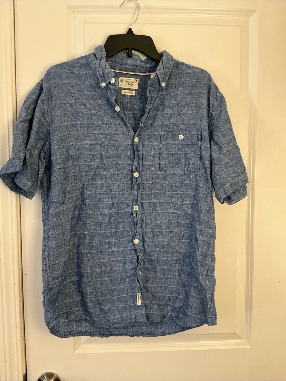 Weatherproof Vintage Mens Linen Blend Short Sleeve Shirt Blue Grid Pattern L